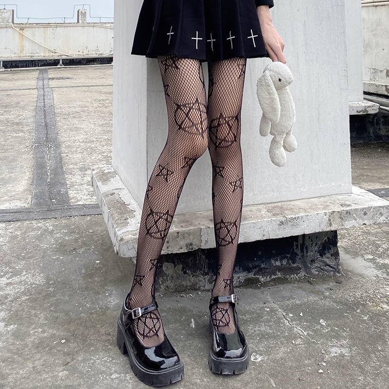 Medias con estampado de pentáculo para niñas, medias sexys góticas Punk mágicas con estrella de cinco puntas, pantimedias de red de pescado, medias para el cuerpo