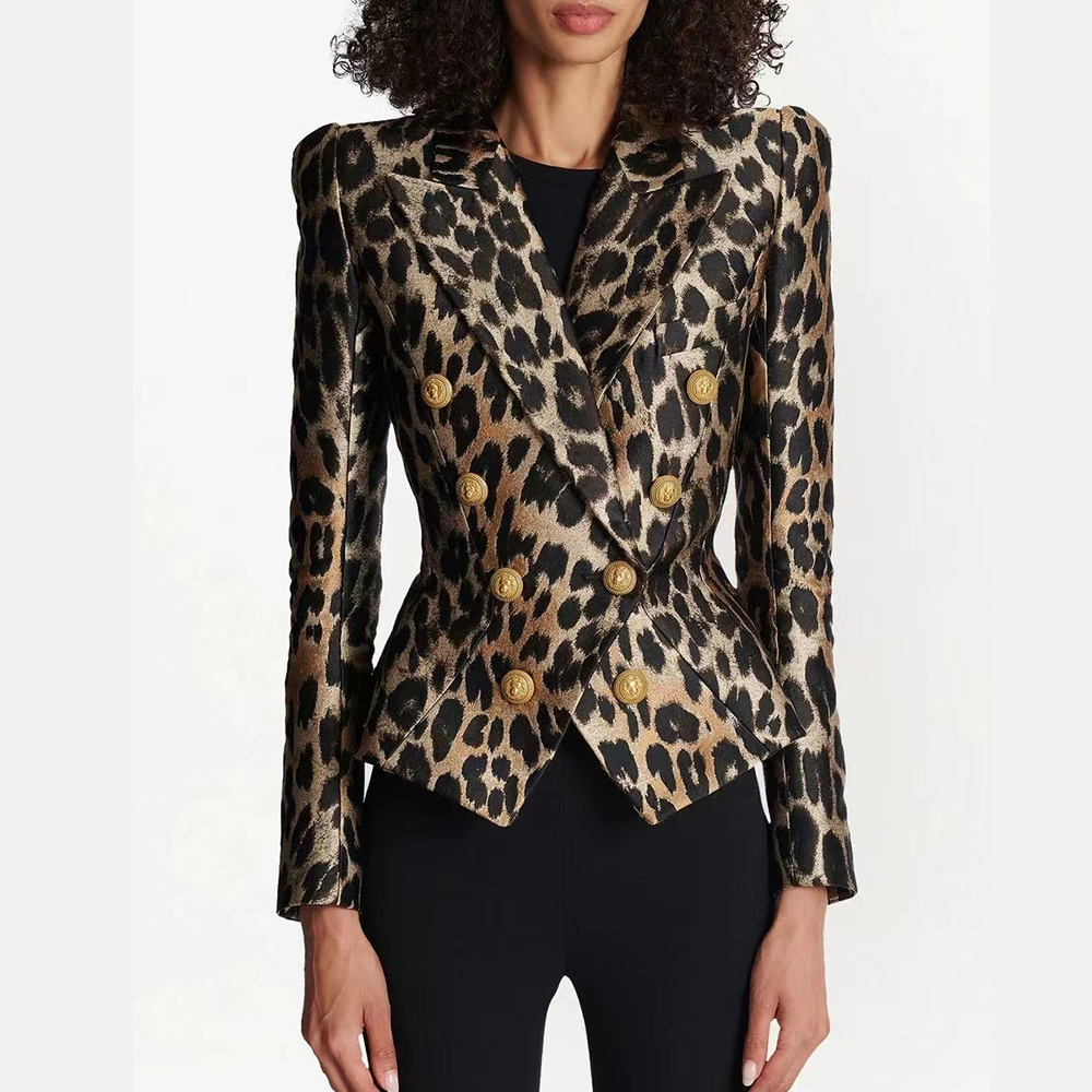 เต็มรูปแบบ Classic Leopard พิมพ์สไตล์ Blazers Double-Breasted แจ็คเก็ตแขนยาวหญิง Outerwear