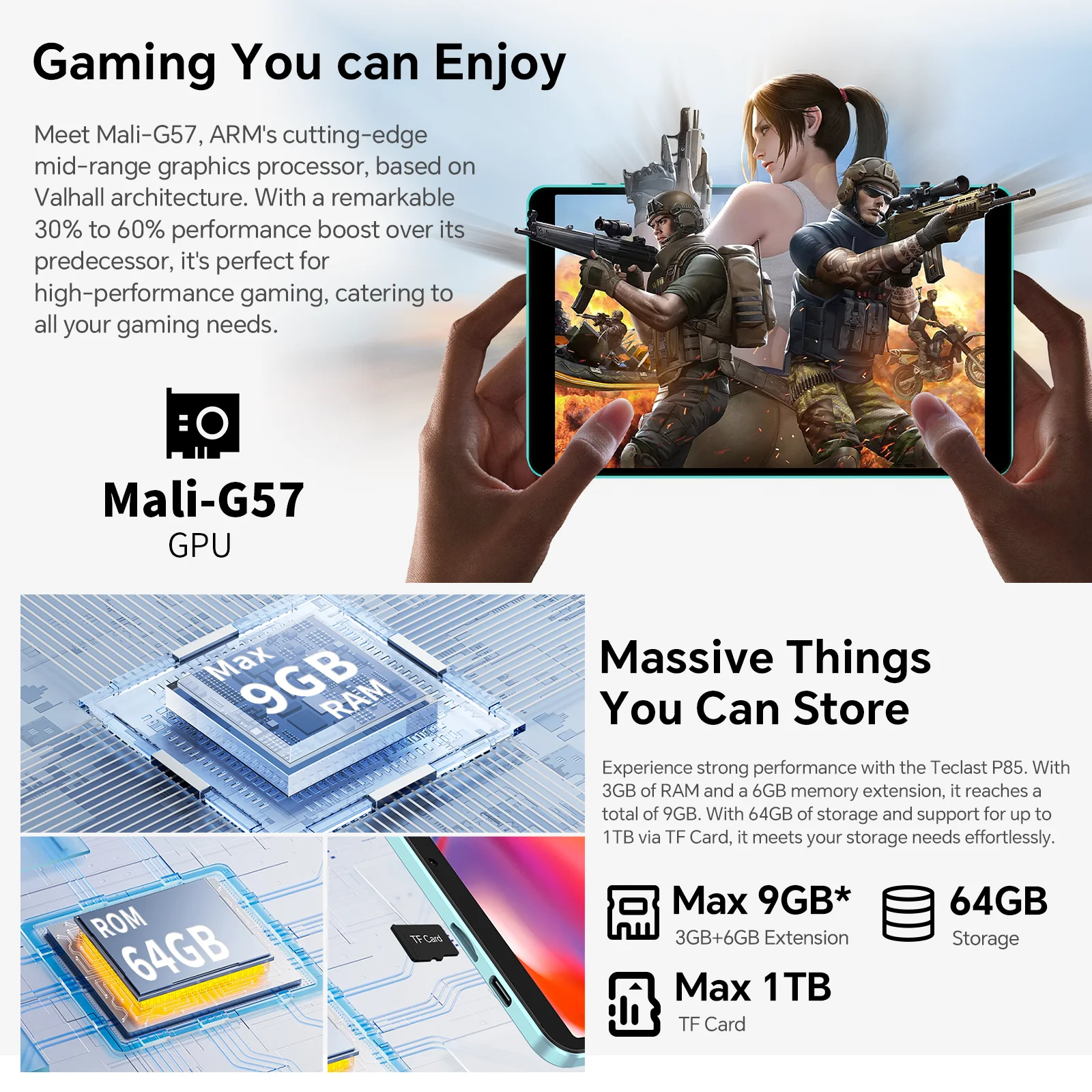 Teclast P85 2025 Android 15 Tablet 8“ IPS 9GB(3GB+6GB Expansion) RAM 64GB ROM A333 5-core Wi-Fi 6 Type-C Metal Body 5000mAh