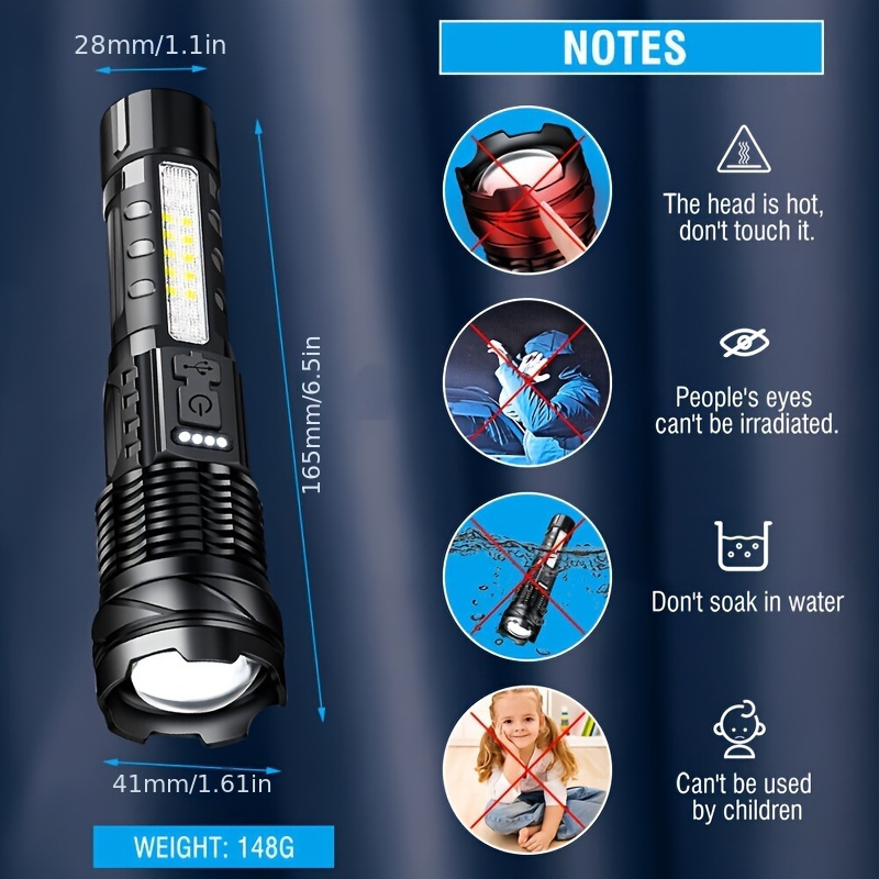 Linterna LED de alta potencia XHP50, luz lateral COB táctica, linterna con zoom, aleación de aluminio, recargable por USB, impermeable, autodefensa