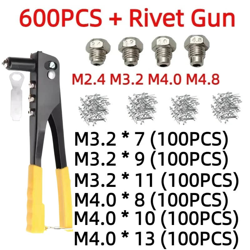 120/200/400/600 pçs conjunto de arma rebitador resistente mão conjunto rebitador alicate rebite cego arma diy rebites porca ferramentas automotivas
