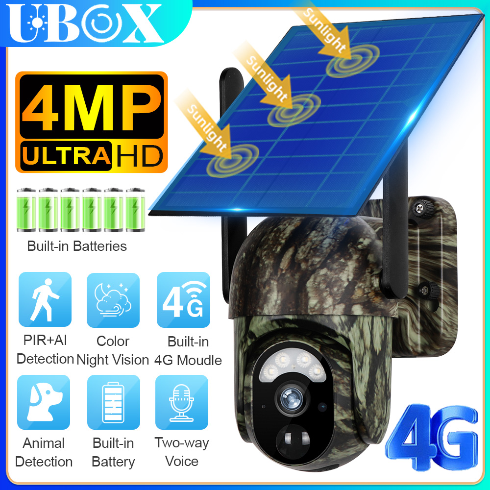 Cámara Solar Ubox 4G, cámara de rastreo celular para exteriores, 4G/WiFi con Panel Solar, visión nocturna 2K, cámara de seguridad con detección humana/animal