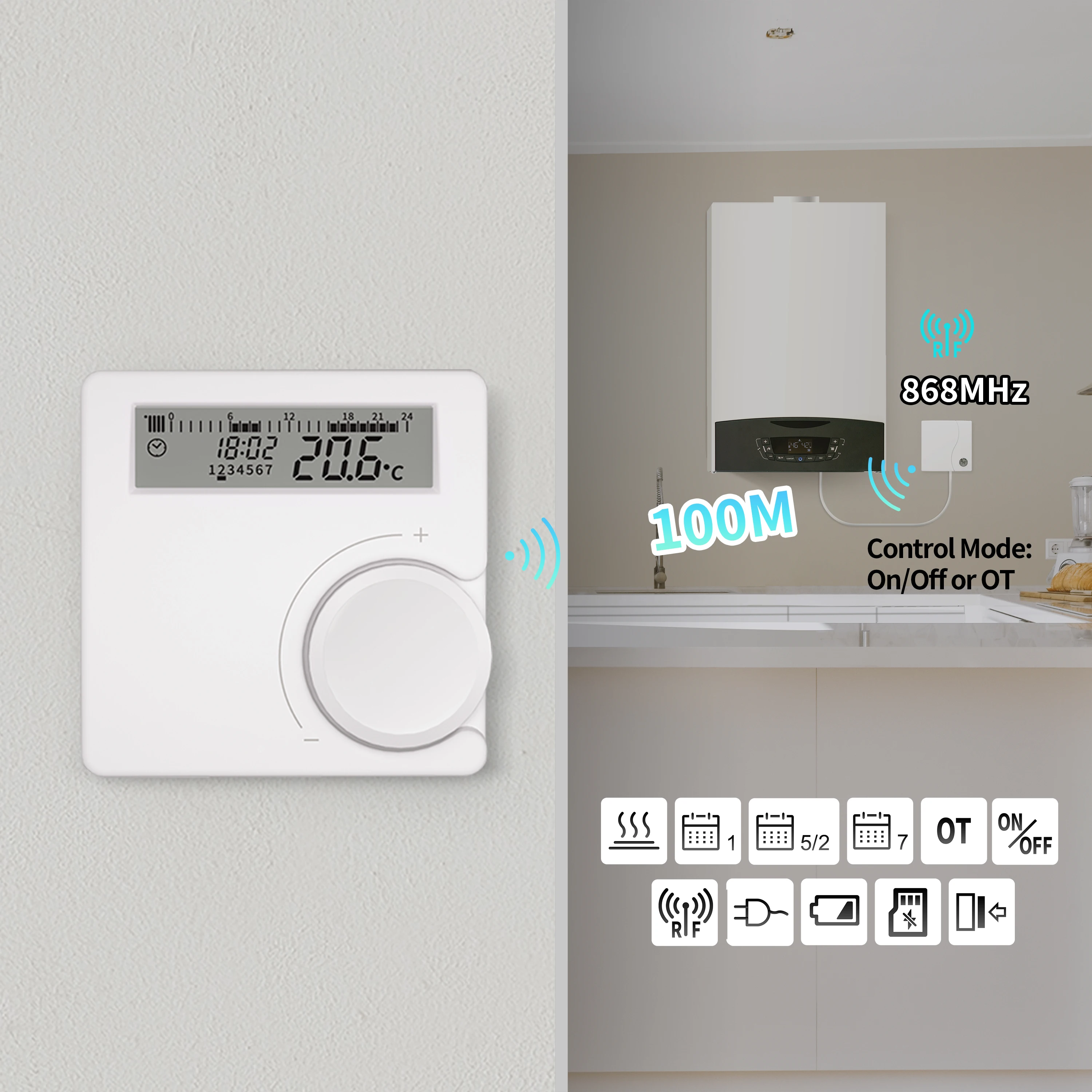Termostato de calefacción inalámbrico Opentherm para caldera de Gas, termostato de batería de baja potencia, controlador de temperatura de caldera, montaje en pared