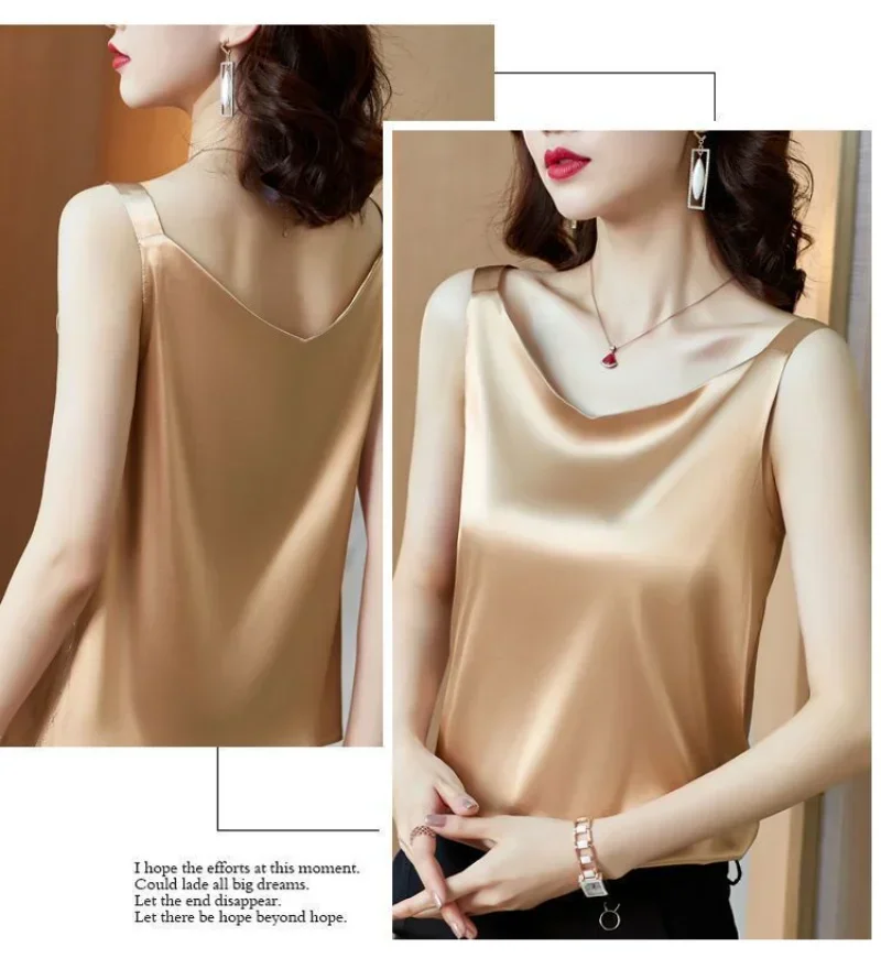 ผู้หญิงเสื้อยืด Elegant ผ้าไหมซาตินเสื้อแขนกุดหญิงฤดูร้อนสบายๆหลวมถังและ Camis สีเขียวเสื้อสําหรับสตรี