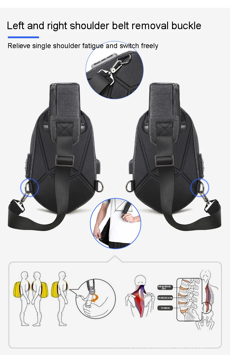 กระเป๋าคาดหน้าอกสําหรับผู้ชายชาร์จ USB แฟชั่นสตรีทสลิงแพ็คกระเป๋าสะพายข้างมอเตอร์ขี่จักรยานกระเป๋าเป้สะพายหลังสําหรับนักศึกษาวิทยาลัย U Nisex