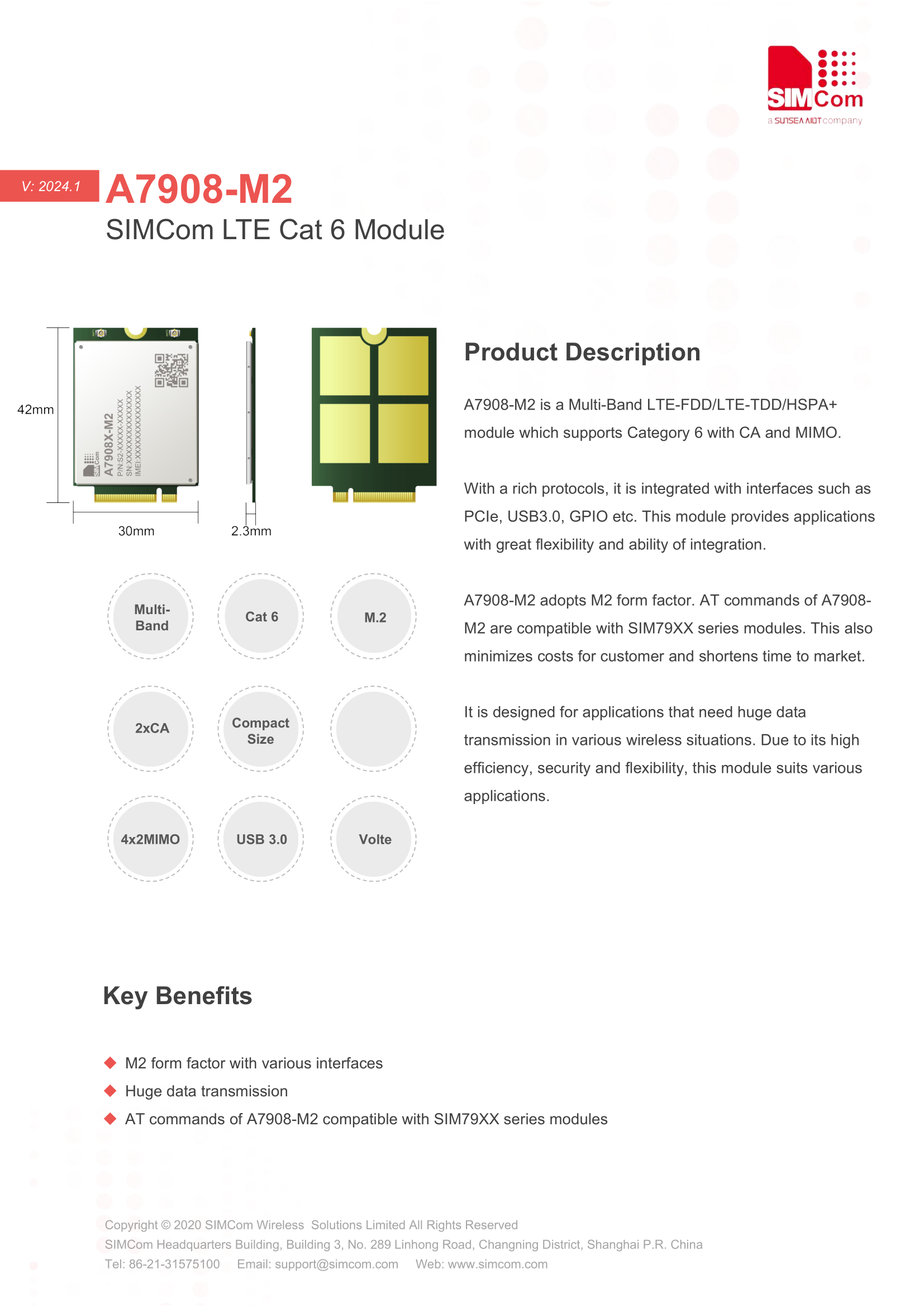 Simcom A7908E-M2 High Speed CAT6 Communication Module CA Carrier Aggregation
