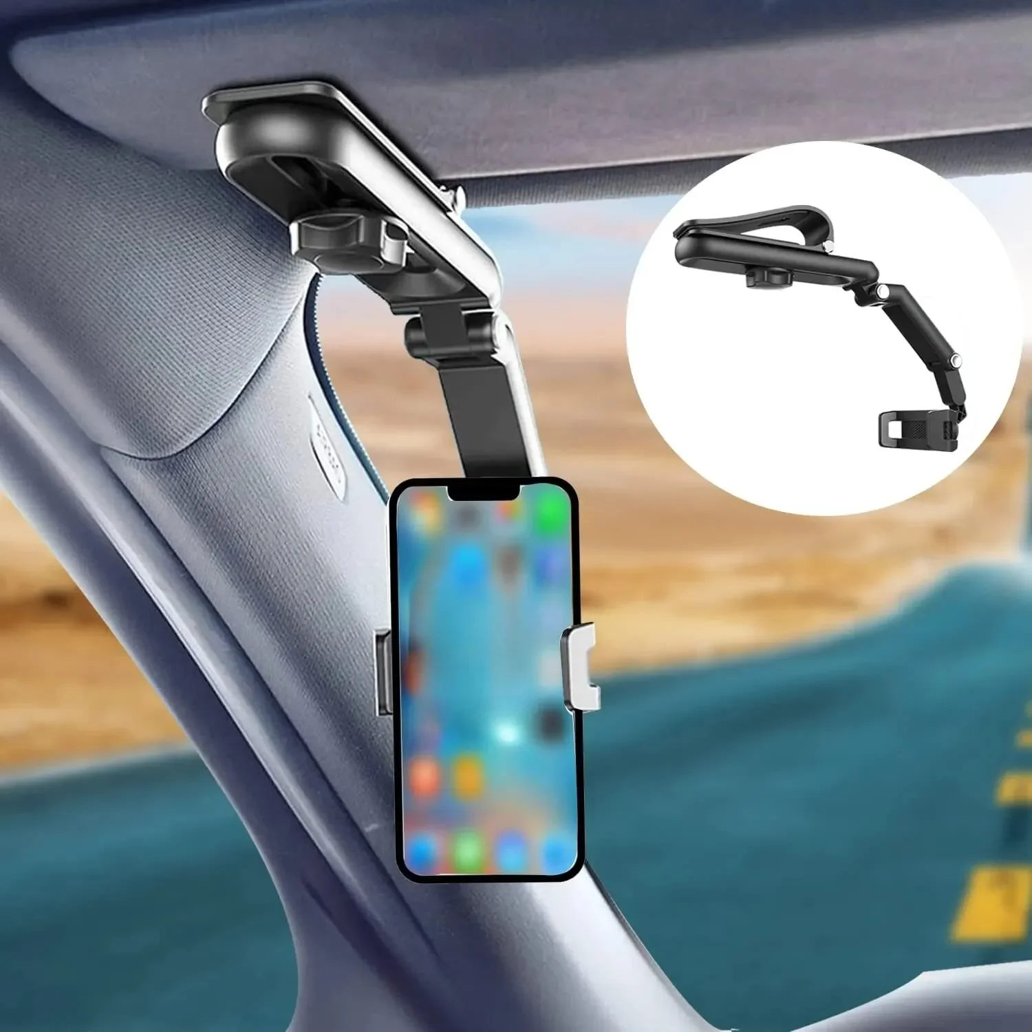 Supporto per telefono per visiera parasole per auto multifunzionale 360 °   Supporto per cellulare con visiera parasole rotante con IPhone/Samsung/Android