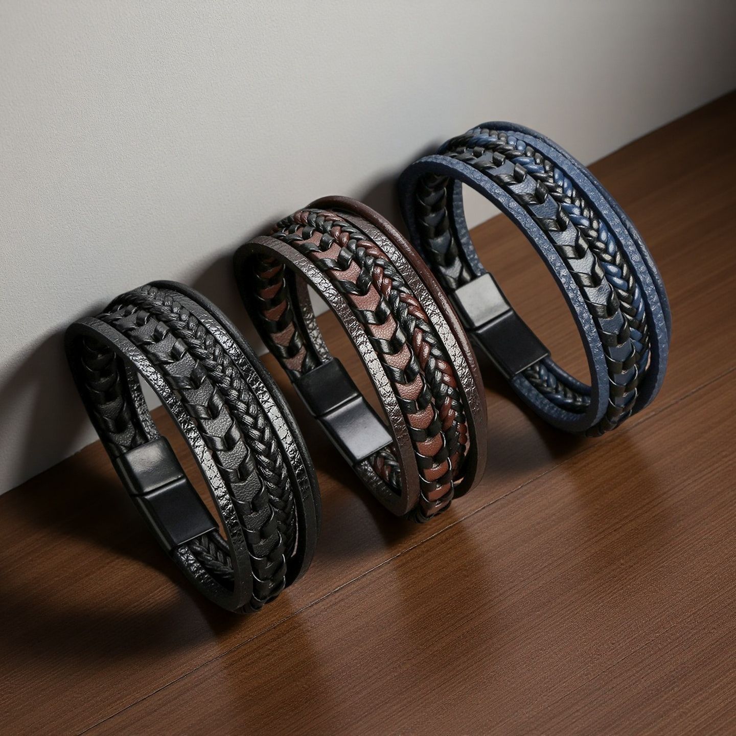 1pc Fashion Accessories MEN'S Multi-layered Vintage Leather Rope Braided Bracelet Alloy Magnetic Buckle Bracelet