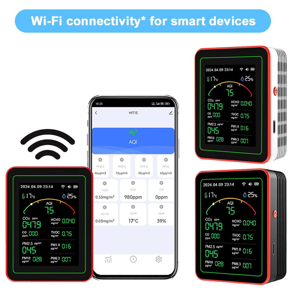 Monitor de calidad del aire WiFi 15 en 1, Control por aplicación, Detector de dióxido de carbono PM2.5 PM1.0 TVOC, Detector de CO2, probador de temperatura y humedad