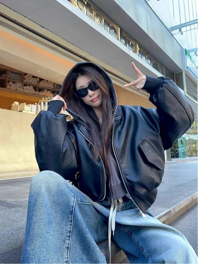 Black Zipper Stand Collar PU Leather Jacket Women's Autumn Winter Loose Casual Motorcycle Jacket Vintage American Sle