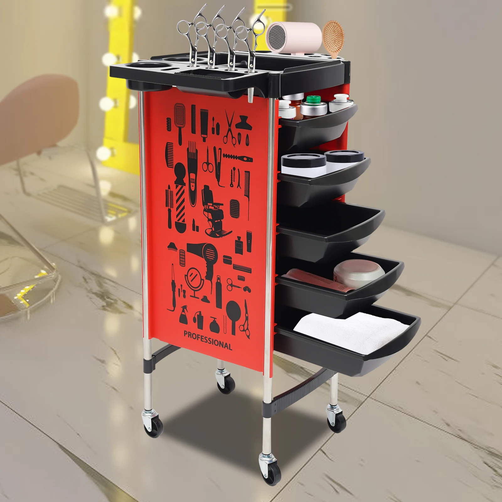 Red Salon SPA Mobile Organizer Stand Carrello multiuso per parrucchiere 5 cassetti estraibili con 4 ruote