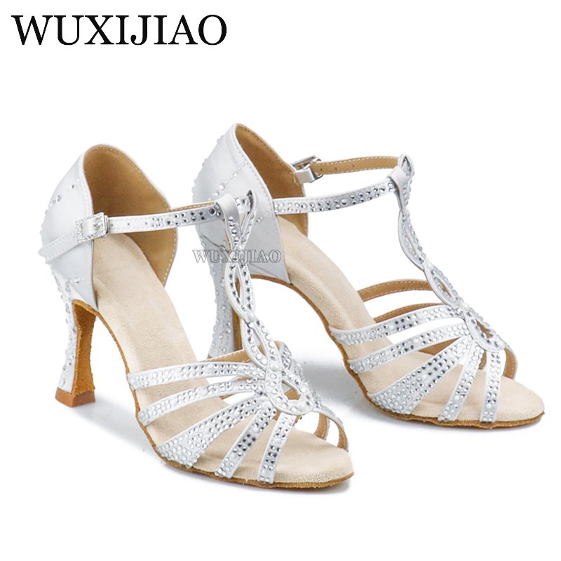 Lateinische Tanzschuhe für Damen, neue metallische Satin-glänzende Strasssteine, kubanische High Heels, 9 cm, Salsa-Tanzschuhe
