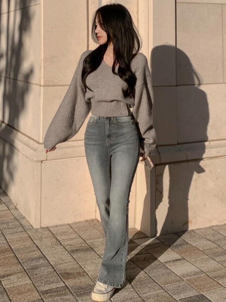 シックなヴィンテージ秋長袖ニットセーター V ネックウエストシンチ痩身多用途女性のオーバーヘッドハイカラー