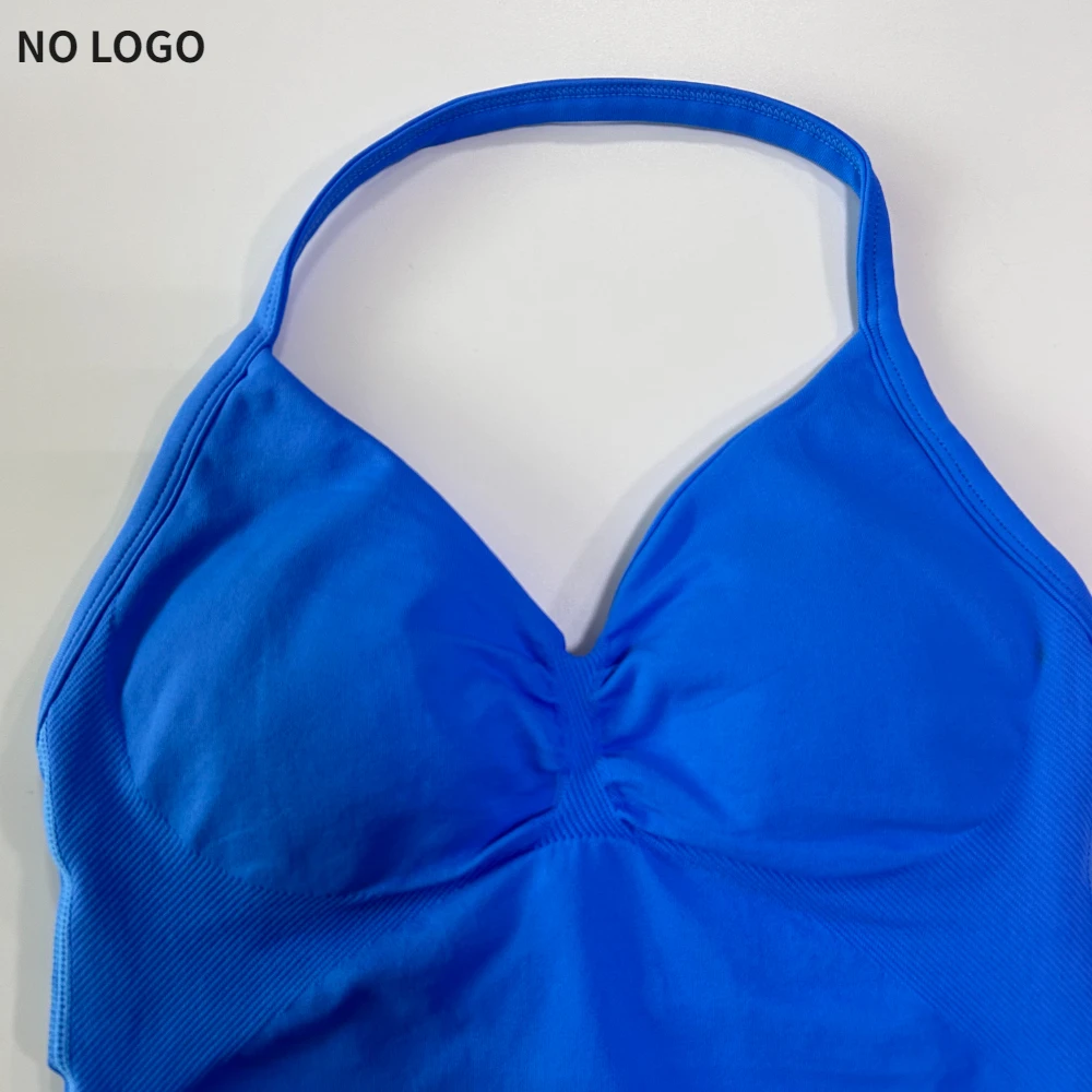 No Logo Seamless Longline Strappy Gym Top Backless Gym Clothes Women Scrunch Built-in Bra With Removable Cups Yoga Tank Tops