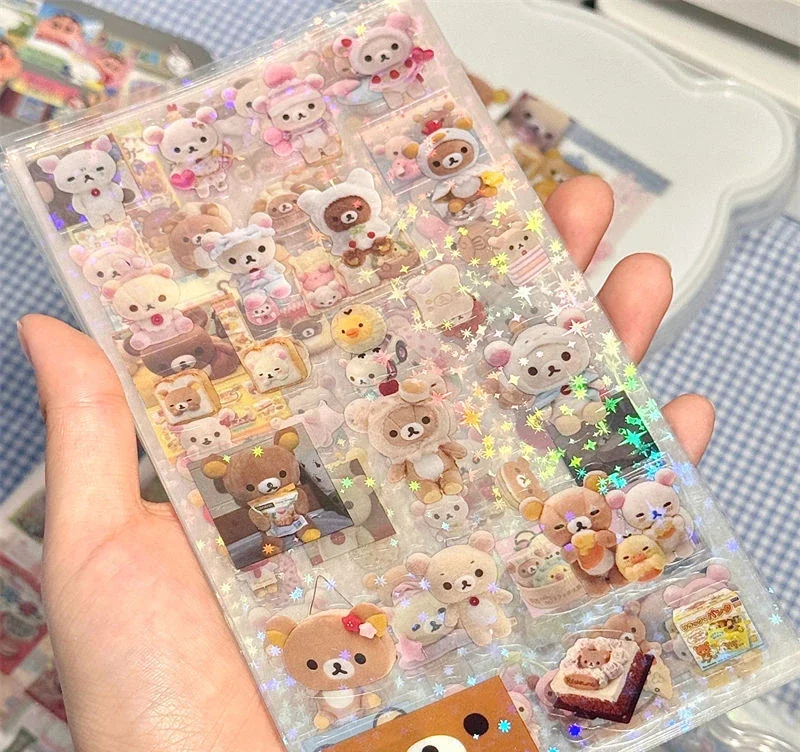 5 시트 만화 HelloKitty Rilakkuma 스티커 만화 애니메이션 다이 커팅 깜박이 레이저 스티커 데칼 DIY 핸드북 장식
