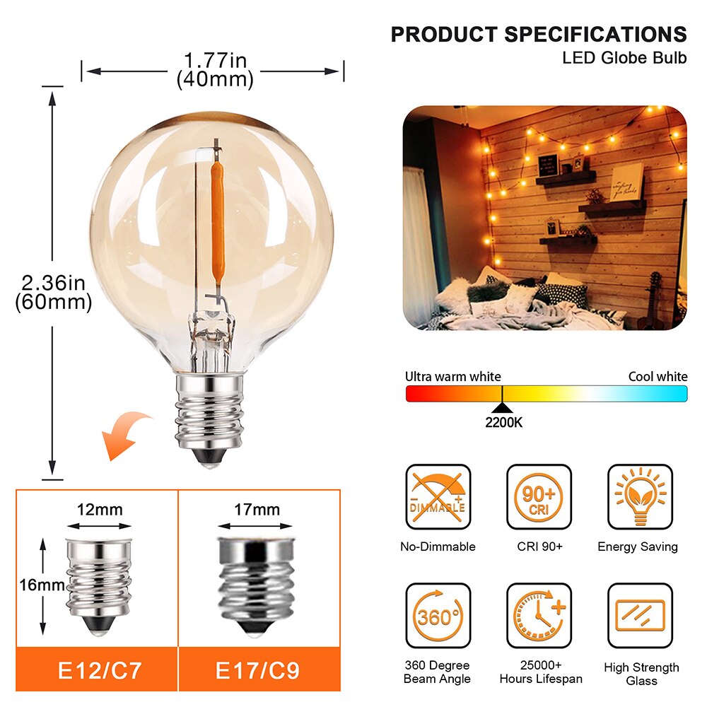 25PCS Vintage LED Filament Glühbirne E12 G40 1W Bernstein Glas Äquivalent 10W Glühlampen Edison Led string Licht Ersatz Birne