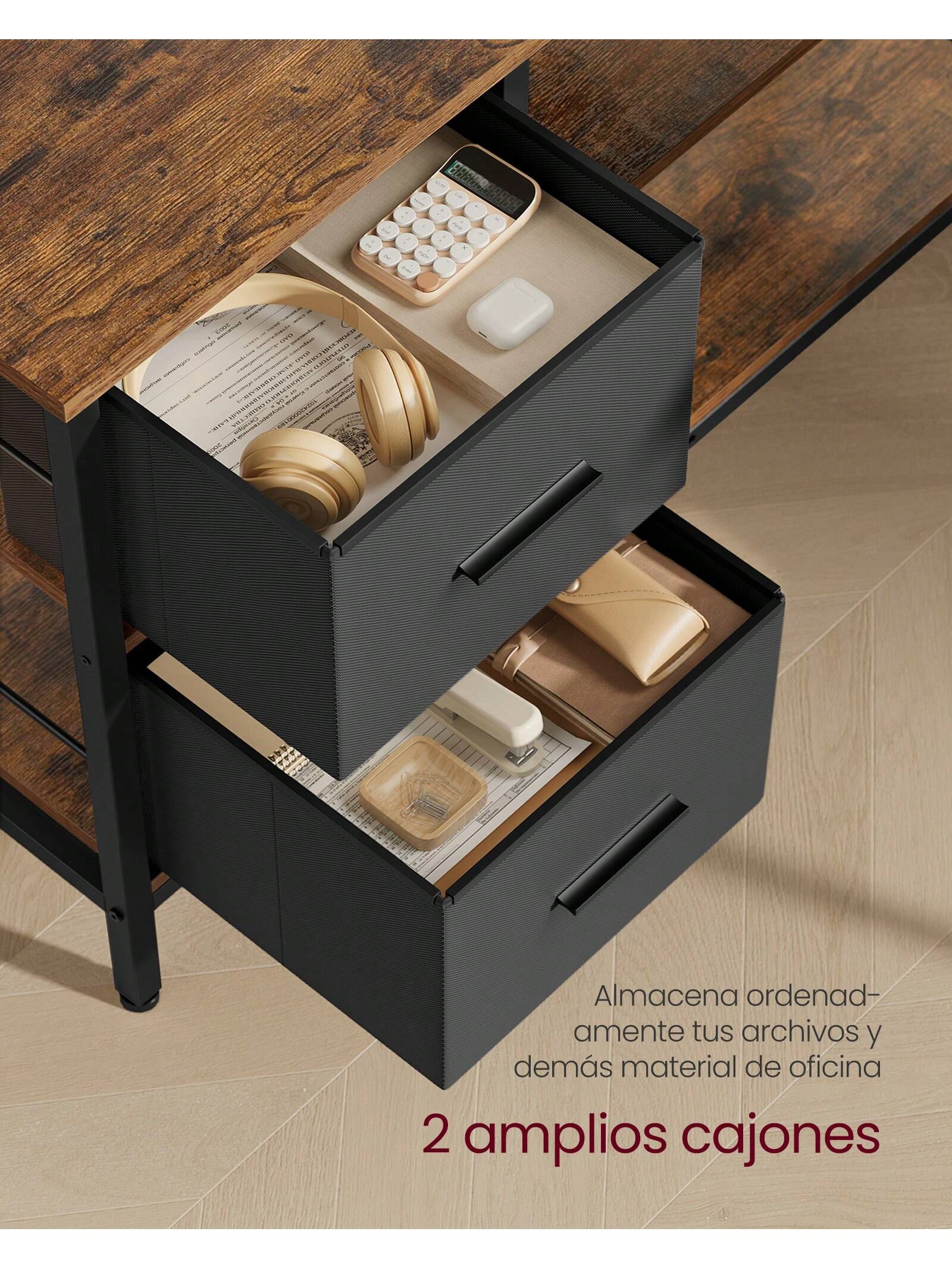 VASAGLE L-Shaped Desk: 2 Drawers, Monitor Stand. Corner/Gaming/Computer Desk. Adjustable Shelf. Home Office. Rustic Brown.