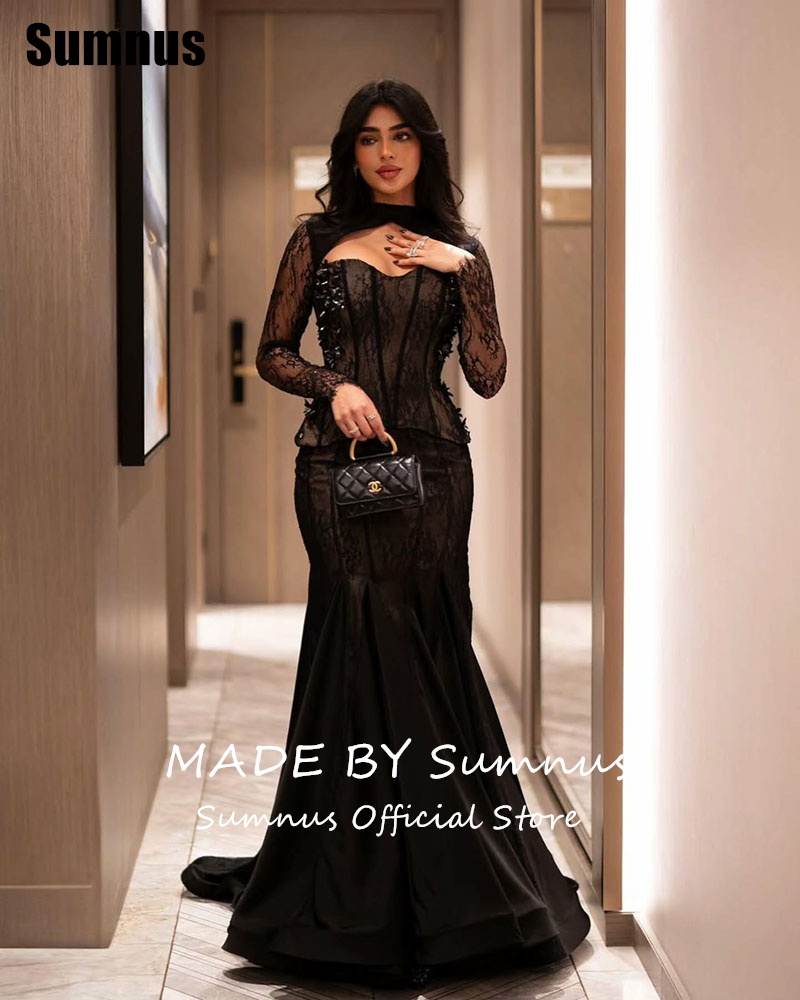SUMNUS โมเดิร์นลูกไม้สีดํา Mermaid Prom ชุดลูกไม้ Elegant Sweetheart ชุดราตรียาว Gowns อย่างเป็นทางการที่กําหนดเอง