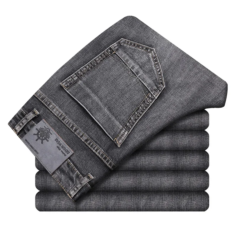Pantalones vaqueros elásticos de algodón para hombre, Vaqueros de mezclilla finos informales de negocios, color gris, primavera y verano, nuevo ajuste recto y ligero