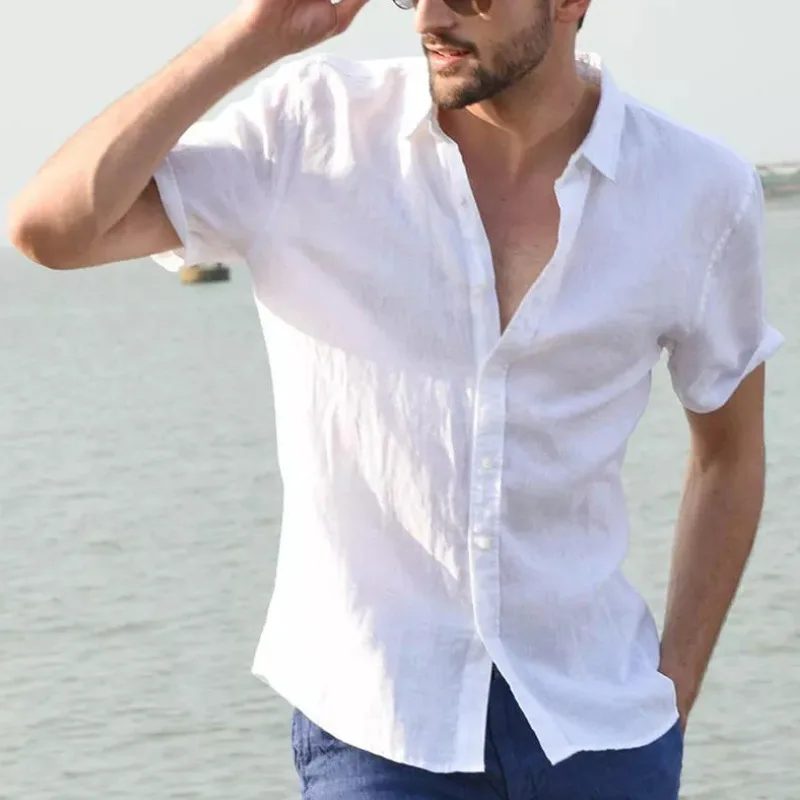Camicia casual a maniche corte da uomo Street Wear Camicia con bottoni in cotone e lino tinta unita per uomo Camicetta da vacanza vintage M-3XL