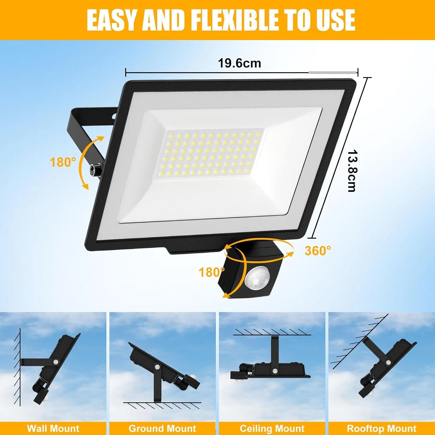 Security Lights Outdoor Motion Sensor, 30W 50W 100W LED PIR Floodlight, IP66 Waterproof Flood Light for Garage, Garden, Patio