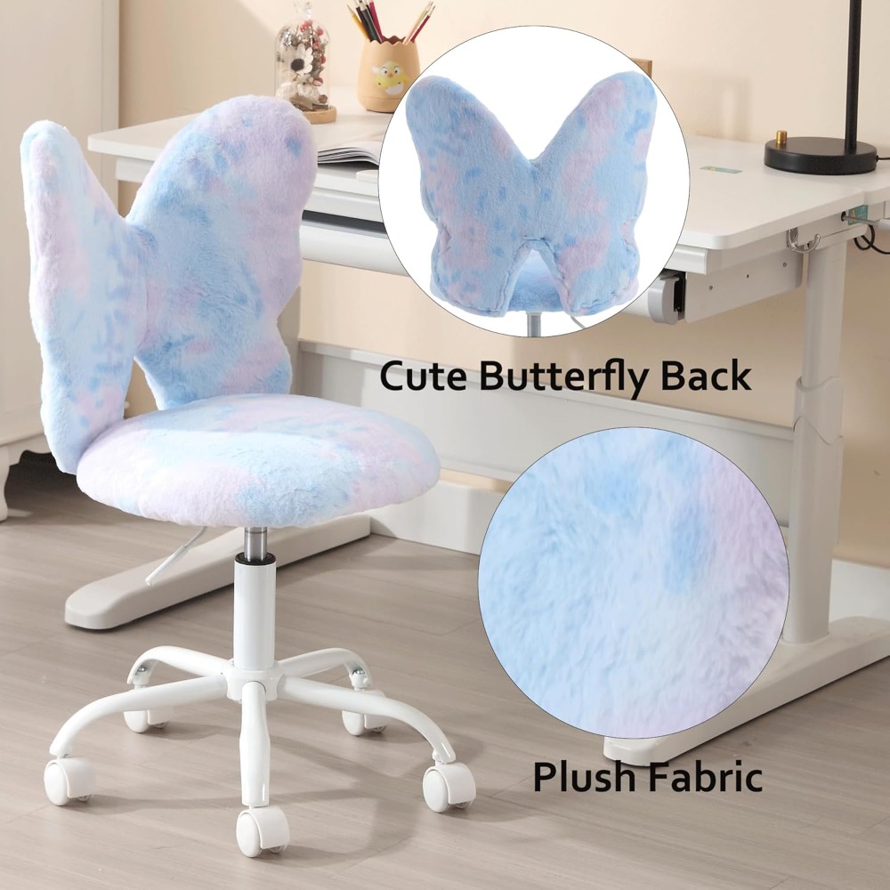 Butterfly Kids Desk & Chair - Adjustable, Swivel, Furry, Blue - Home, Bedroom, School, Dorm