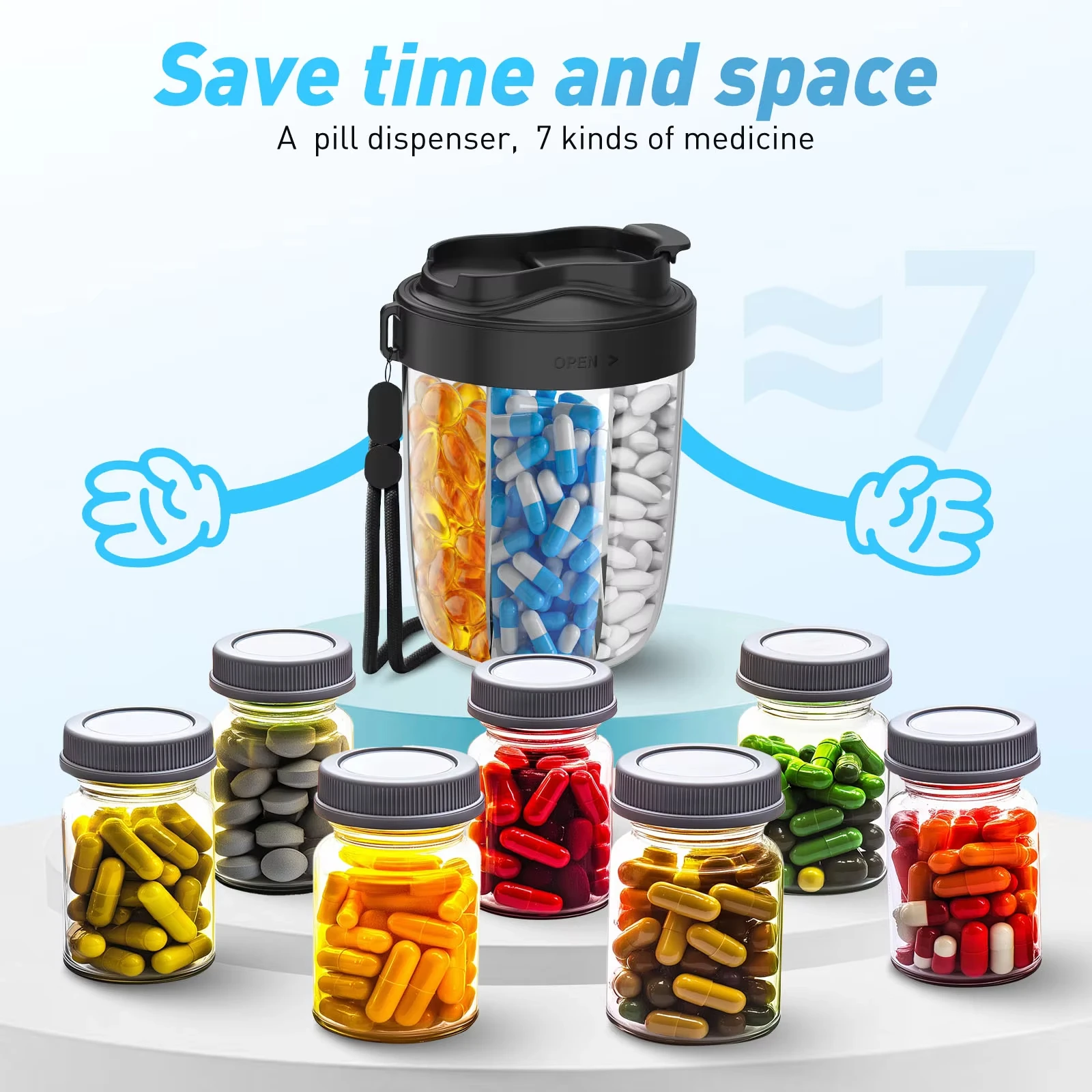Große Pillendose mit 7 Fächern für Reisen, ein Monat, Pillen-Organizer, Pillenspender für Tablets, Vitamine, Medizin, Fischöle, unterverpackt