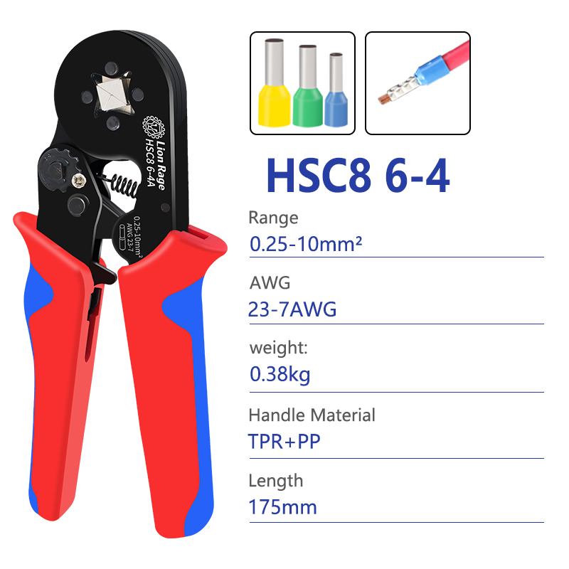 Crimping tool HSC8 6-4 0.25-10mm for ferrule tubular terminals ² 23-7AWG Ferrule Crimping Clamp Set Wire Head Electrician Tools