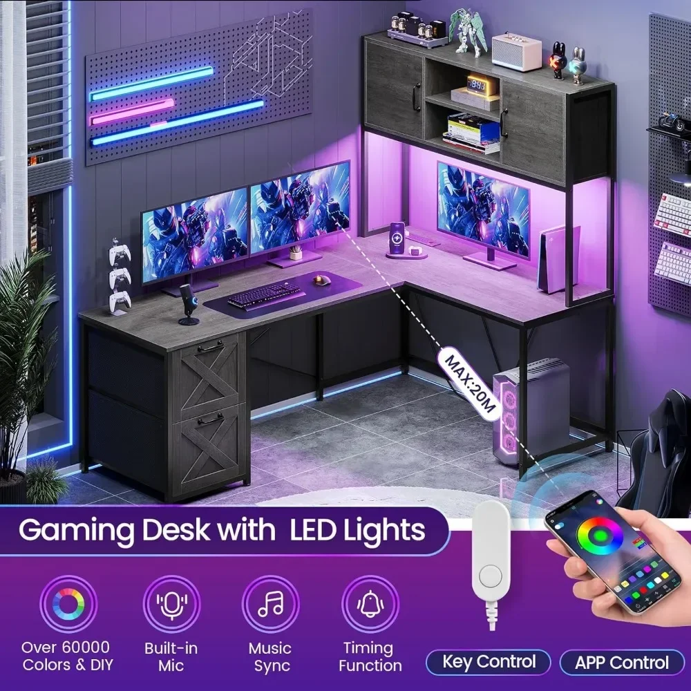 L Shaped Gaming Desk, Reversible Computer Desk with Fabric Drawers and Power Outlet, with Led Lights, Hutch and Storage Shelf