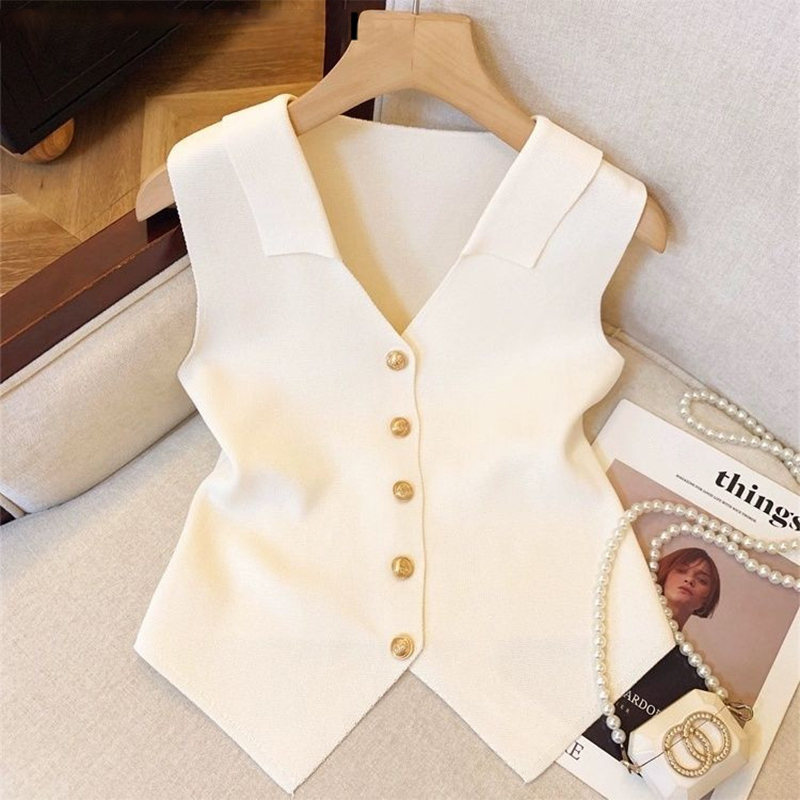 1 Uds. Chaleco de punto ajustado sin mangas con cuello en V y temperamento francés para mujer