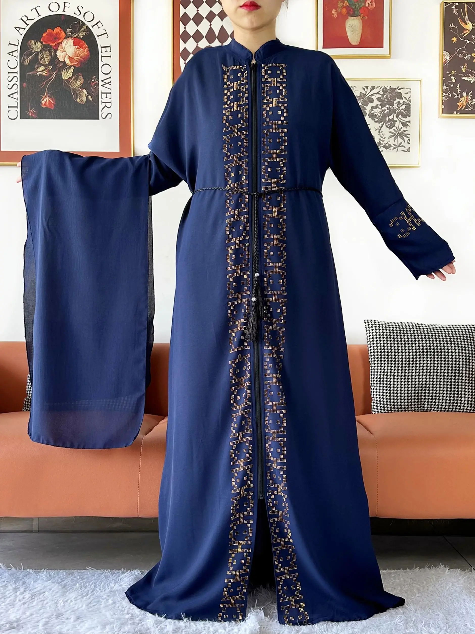 イスラム教徒の女性のためのタートルネックドレス,長袖,オープンアバヤ,ラマダン,ドバイのカフタン,イスラムの着物,透明なカーディガン,2024