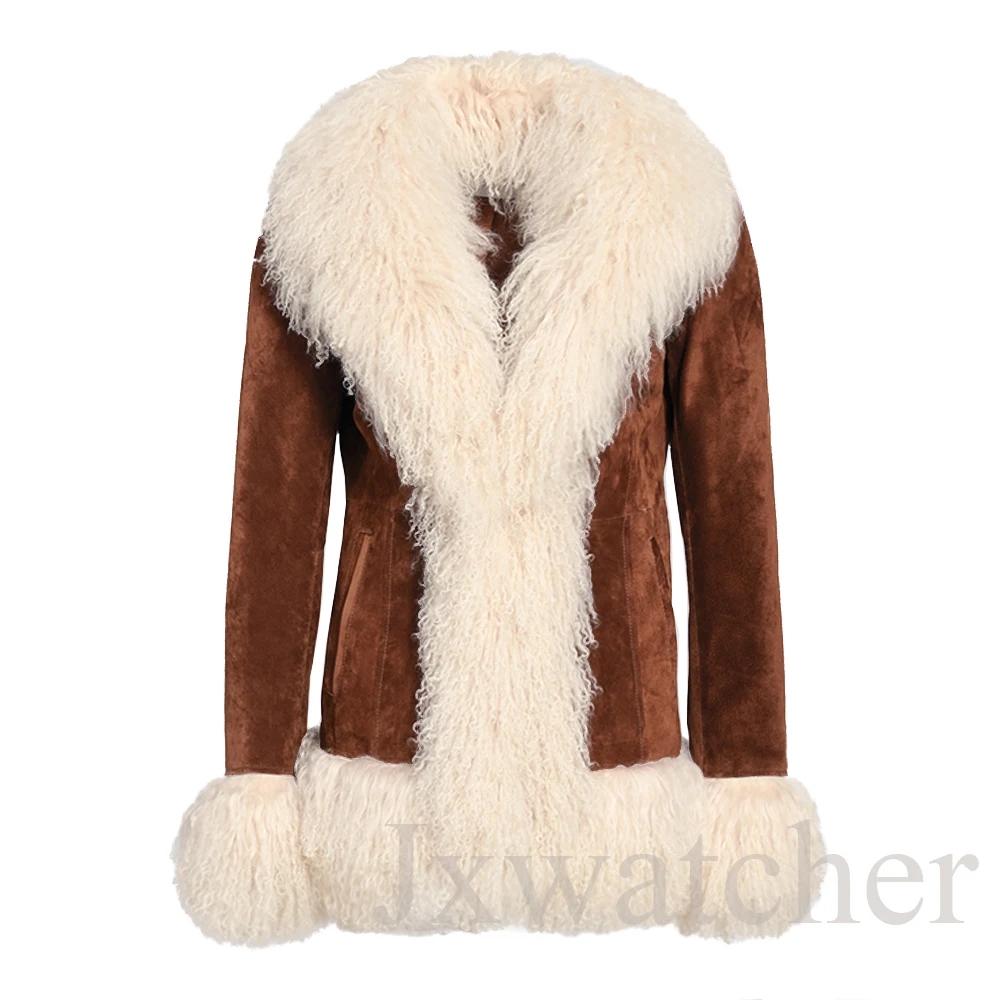 Jxwatcher veste en cuir pour femme garniture en fourrure de mouton mongole manteau en cuir suédé véritable dames hiver chaud veste en cuir véritable automne