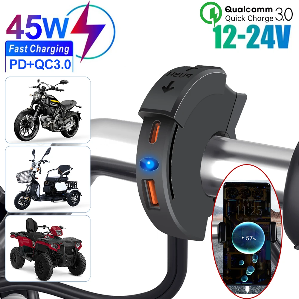 Cargador USB TYPE-C para motocicleta PD QC3.0, carga rápida para manillar, 12/24V, soporte de montaje para manillar impermeable, cargador de teléfono para cámara