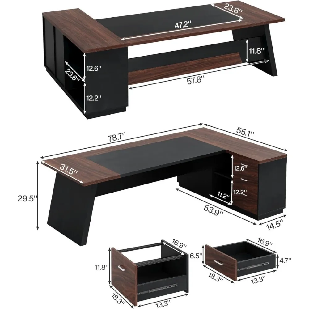 78" L-Shaped Executive Desk, Large Office Desk with Drawers and Lateral File Cabinet, Computer Desks