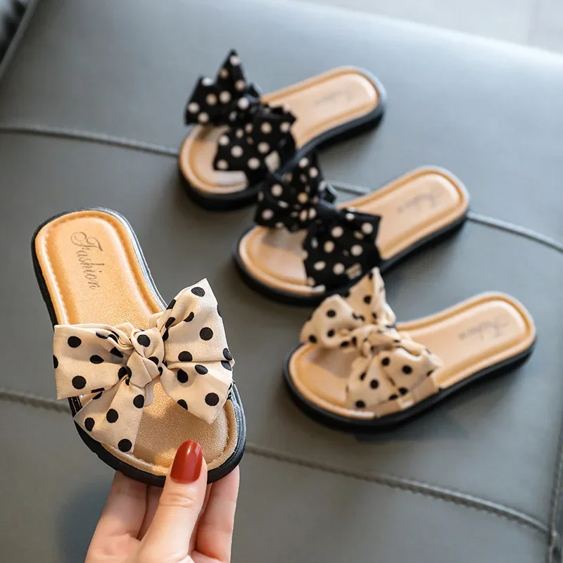2024 New Bow Flats Open Toe Slide Sandals Non-slip Flip Flops Children Home Slippers Kids Girls Summer Cute Beach Slippers Shoe