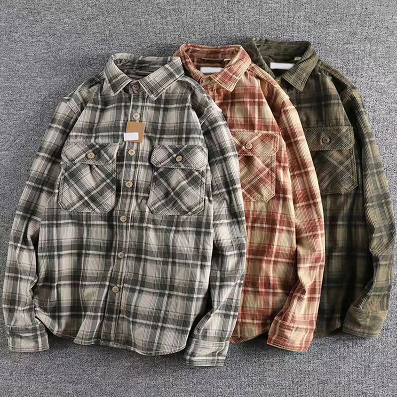 Camicia a maniche lunghe scozzese da uomo vintage giapponese Primavera Autunno Moda Confortevole velluto a coste Artistico Trendy Camicie classiche Top
