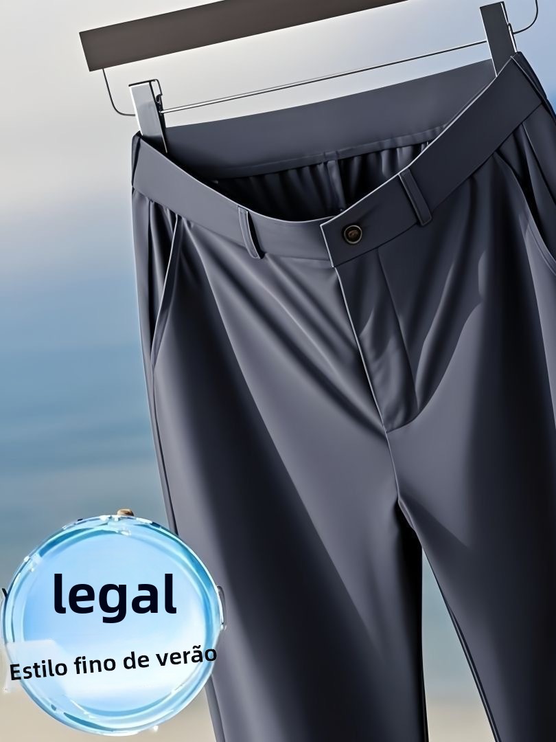 Calças Masculinas de Seda Gelada Ultrinas e as, Corte Reto Solto, de Alta Elasticidade para Uso Casual de Negócios