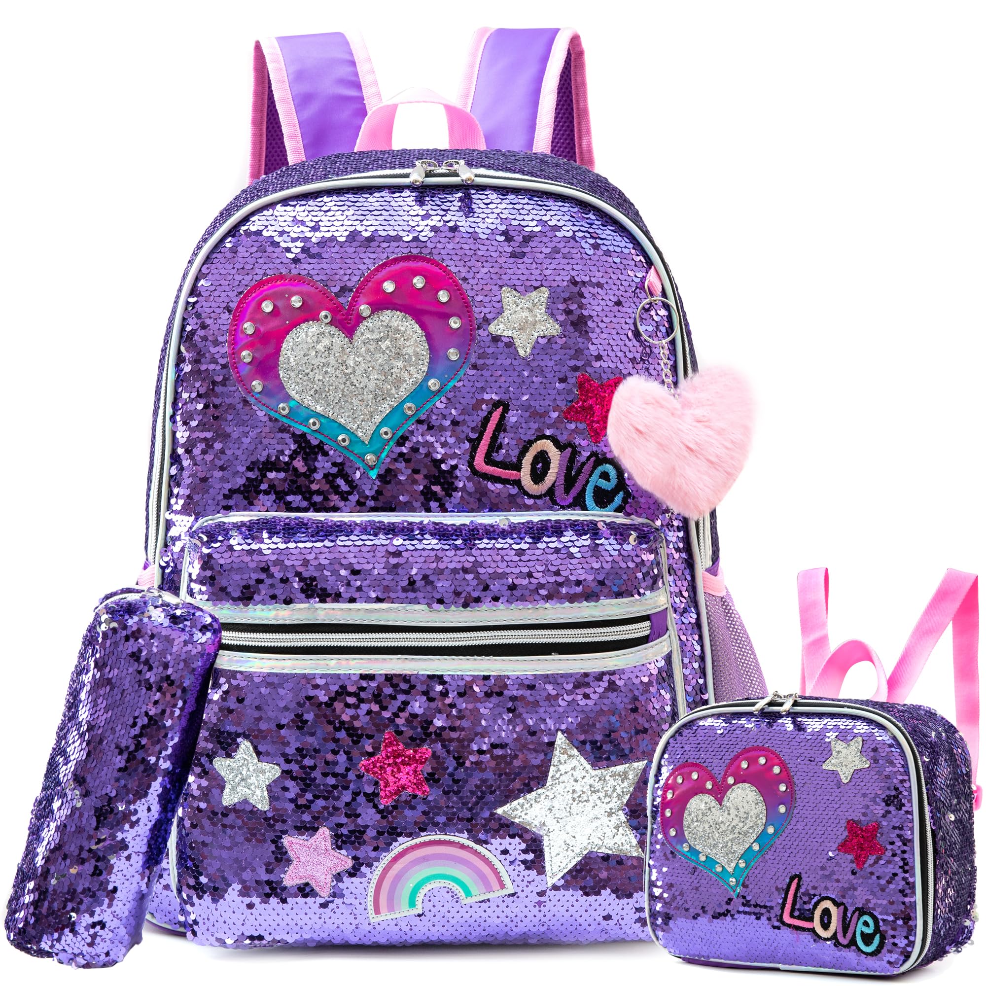 Mochila para niñas Mochilas para niñas de 16" para la escuela Mochila de lentejuelas con fiambrera para estudiantes de primaria