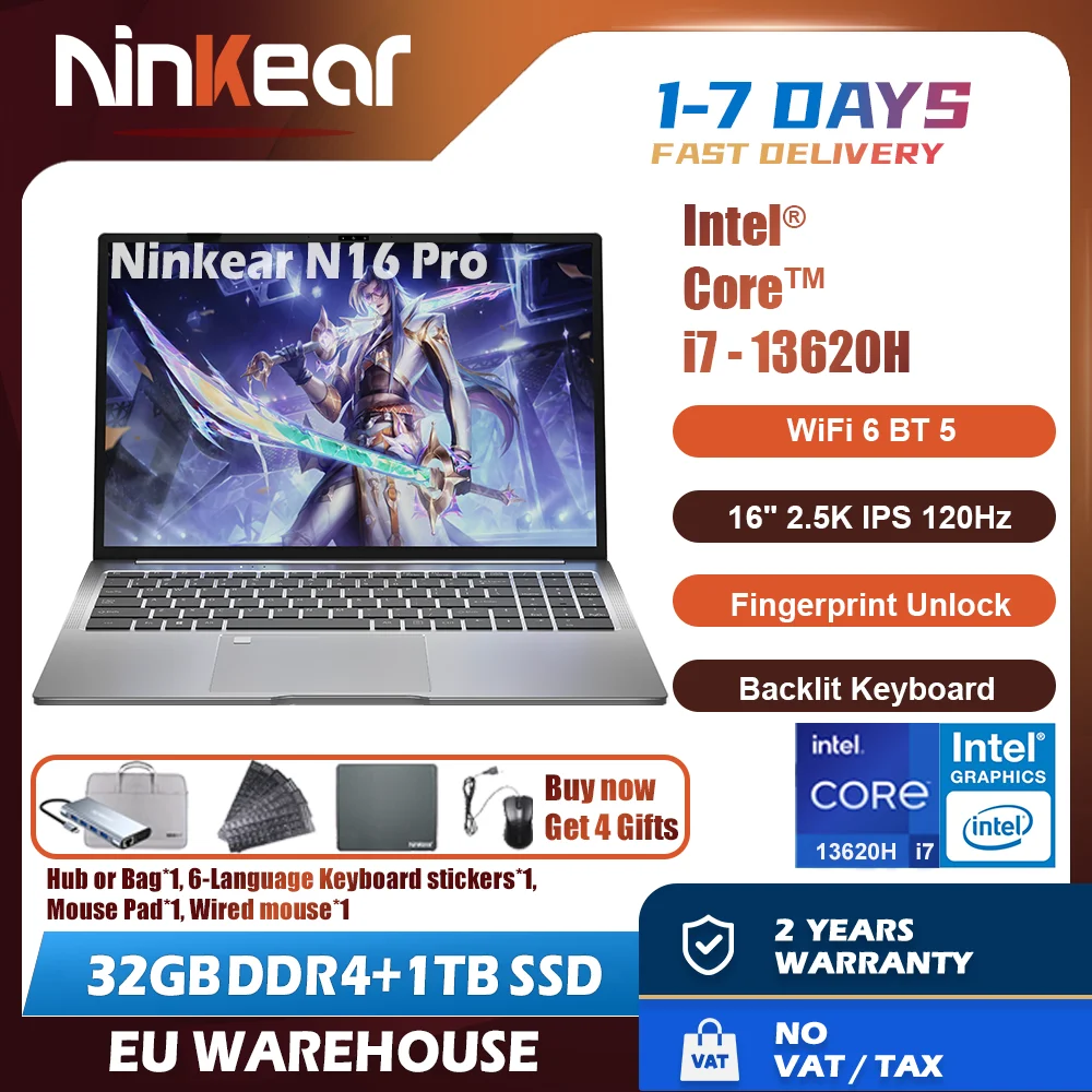 Ninkear N16 Pro Gaming-Laptop 13. Intel i7-13620H 16-Zoll 2,5K IPS 120Hz Computer 32 GB DDR4+1 TB SSD WiFi 6 Fingerabdruck-Entsperrung