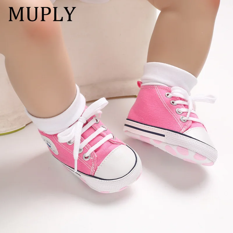 Impressão estrela esportes bebê lona clássico tênis bebê recém-nascido meninos meninas primeiros caminhantes sapatos infantis da criança anti-deslizamento sapatos de bebê