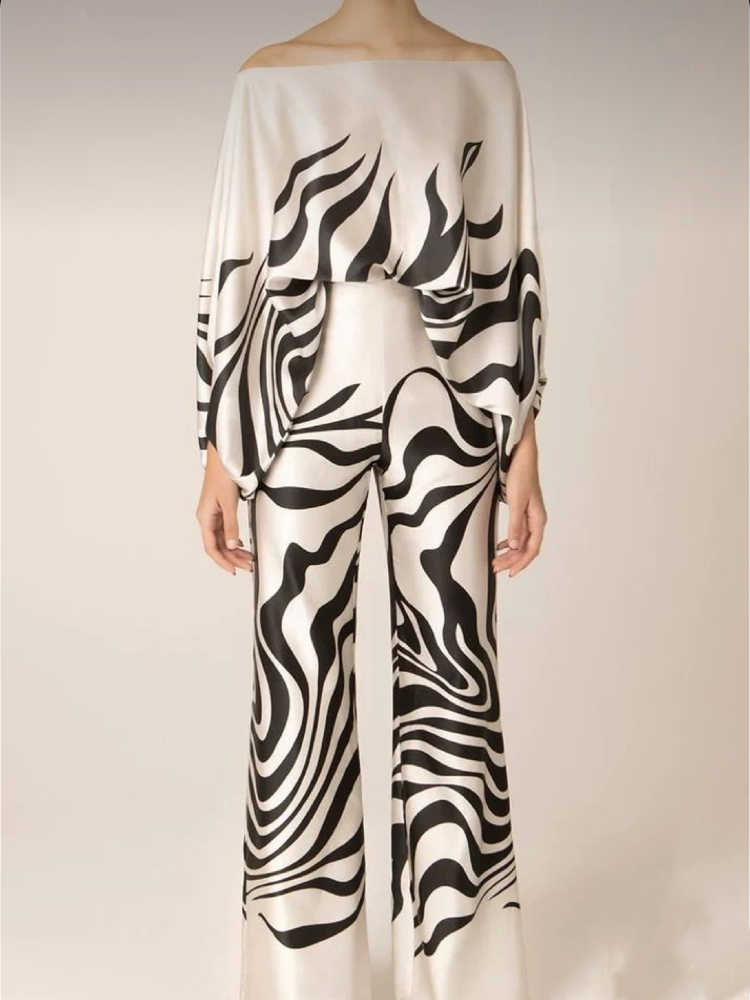 Women's Printed Satin 2-piece Set, Off Shoulder Lantern Sleeve Top, Wide Leg Pants, Elegant Office Shirt Traf Official Store