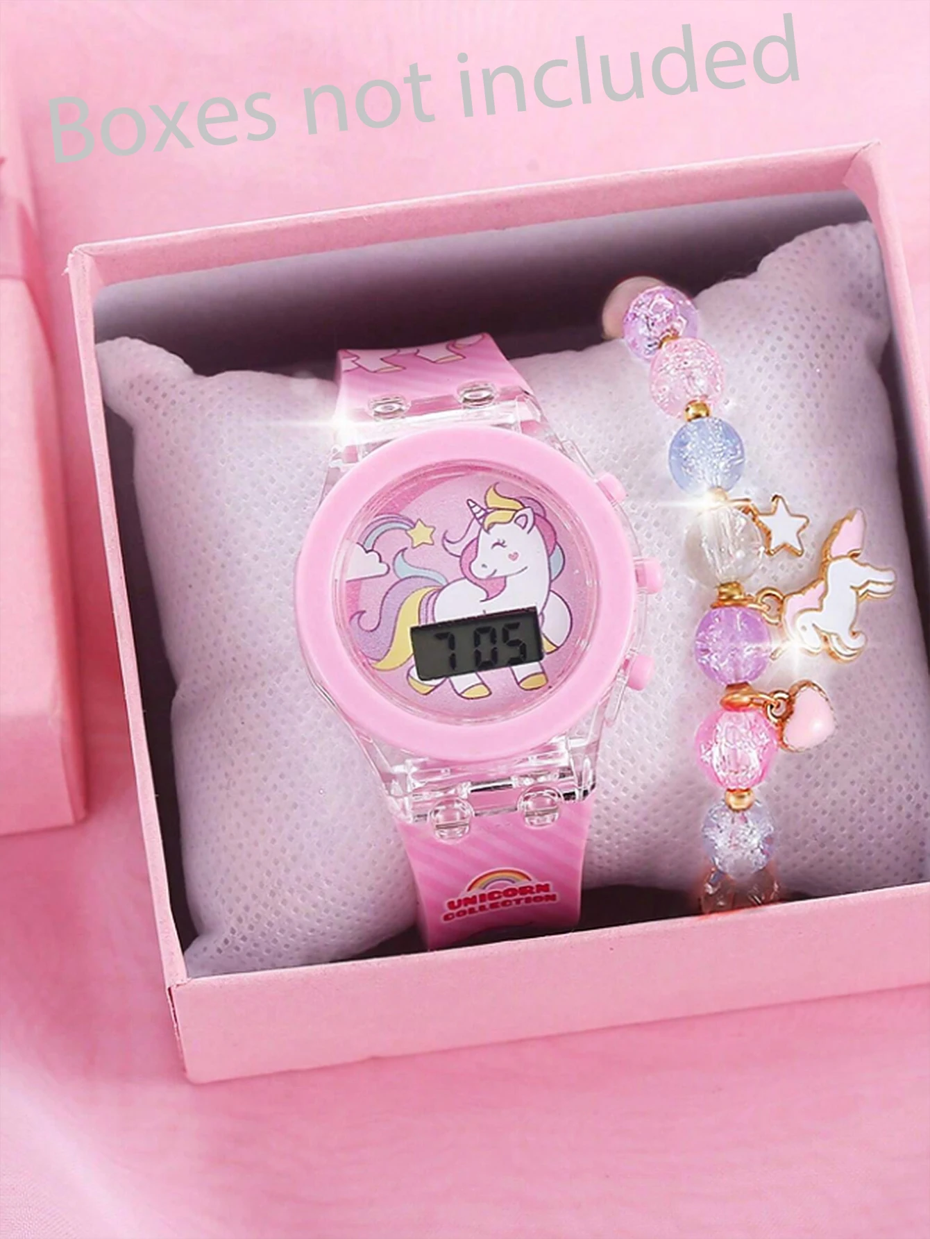 2 peças relógio eletrônico infantil de silicone unicórnio rosa e pulseira de contas de unicórnio acrílico definida como presente para crianças