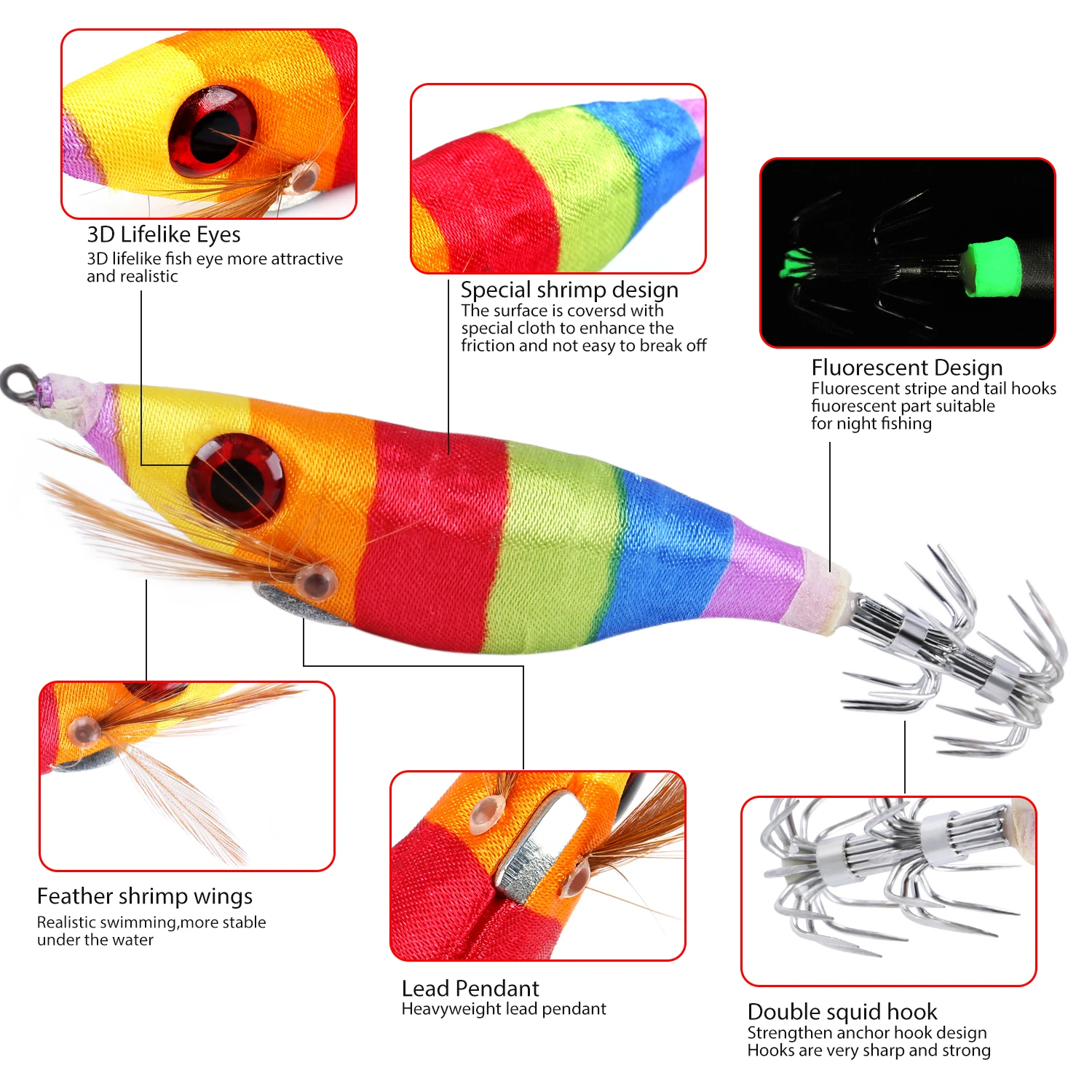 Sougayilang Esca per calamari biomimetici 3D con nastro fluorescente multicolore e pendente in piombo Design a doppio gancio per un forte attrazione