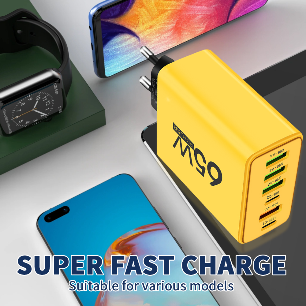 Cargador de teléfono USB de 65W, 6 puertos tipo C, carga rápida QC3.0 para iPhone, Samsung, Xiaomi, enchufe UE/EE. UU., adaptador de cargadores de pared de carga rápida