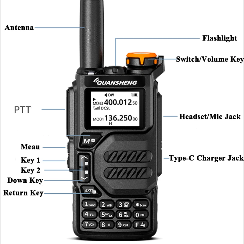 Quansheng UVK5 Walkie Talkie 50-600 MHz banda completa tipo C cargador AM DTMF Scrambler NOAA UVK6 K58 UV-5R Plus FM Ham Radio bidireccional