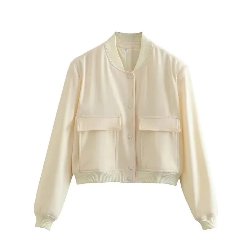 1PCS Kobieta Bomber Jacket Płaszcz Biały Jesień Zima Guzik Baseball Aviator Przycięte kurtki dla kobiet Długi rękaw Crop Odzież wierzchnia