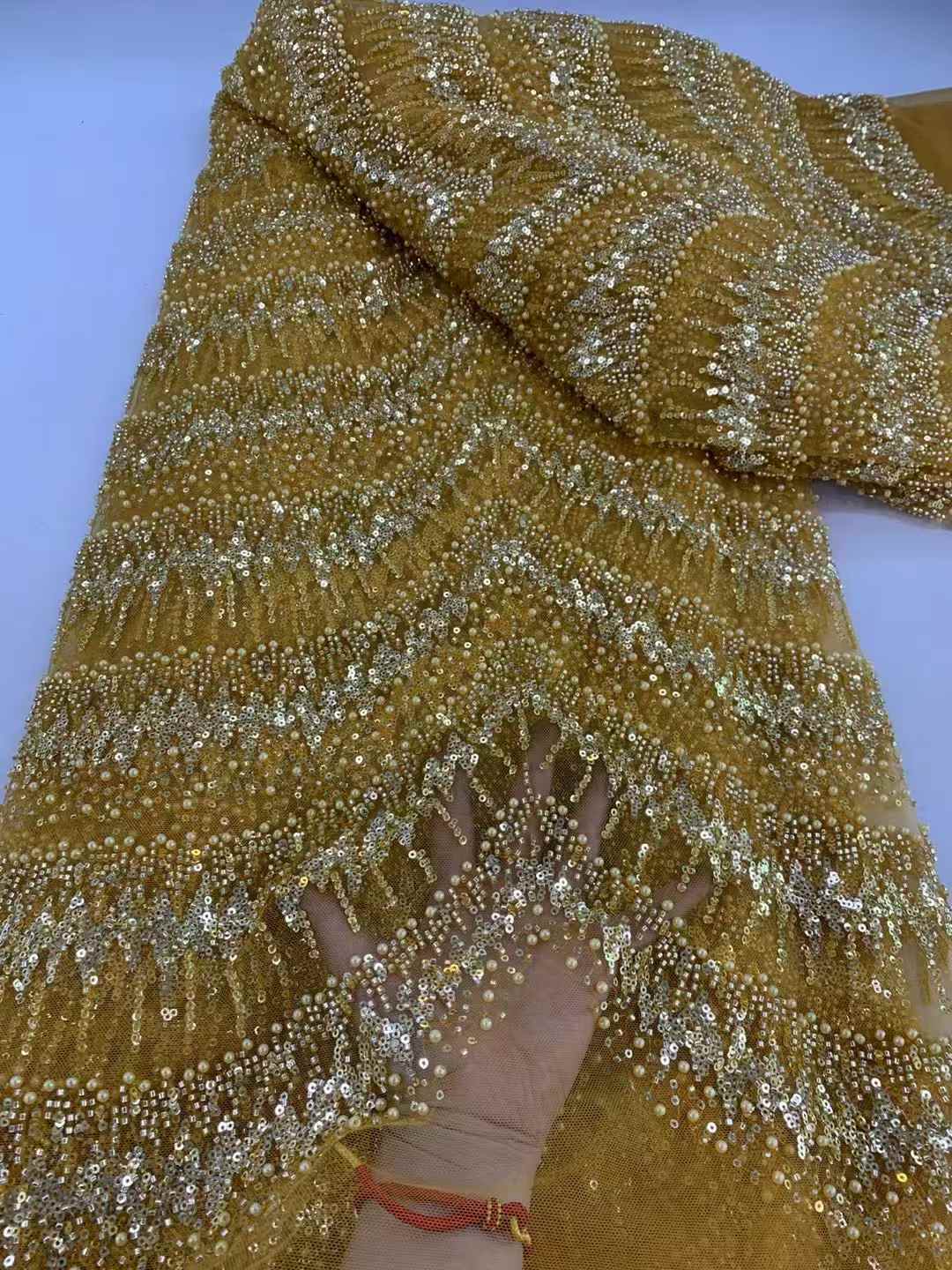 ผ้าลูกไม้ปักเลื่อมงานแฮนด์เมดสุดหรู5หลาผ้าลูกไม้ตาข่ายโปร่งฝรั่งเศสสำหรับชุดแต่งงาน