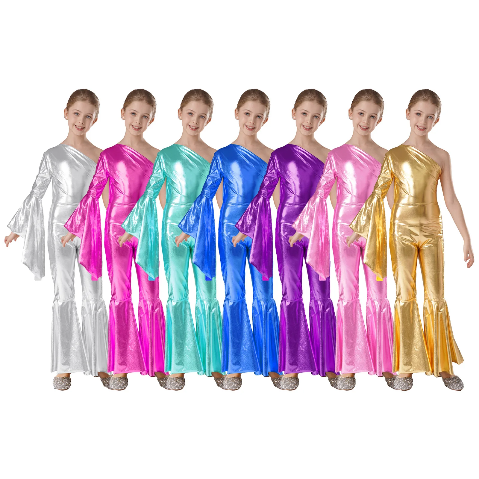 70S Disco Vintage Jumpsuit Metallic Shiny One Flare Sleeve Bodysuit Hippie Bell Bottom Jazz Dance Carnival Rave Party Costume