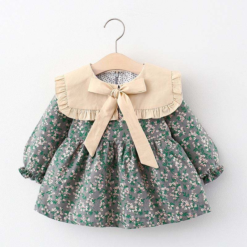 Vestido nuevo de otoño para niña, vestido de princesa de manga larga con cuello tipo Polo grande liso para niña, vestido de primavera y otoño con lazo para niña