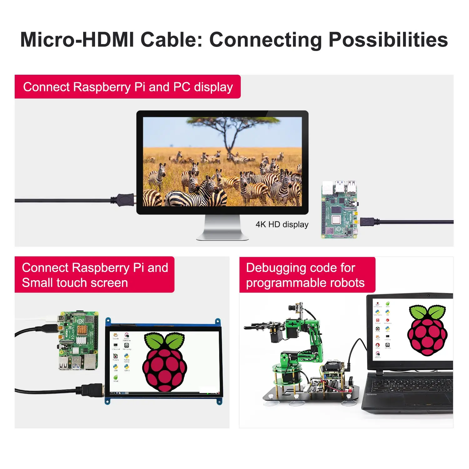 Micro-HDMI to HDMI Cable Adapter for Raspberry Pi 5/4B With Gold-plated Support HD 4K 60Hz Video 30CM 100CM 150CM Length